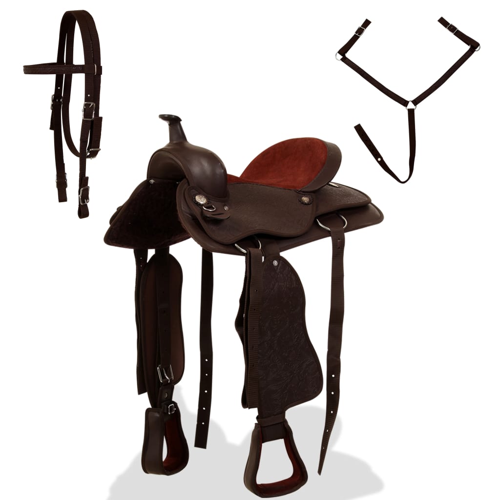 Western Zadel, Hoofdstel En Borstriem 17" Echt Leer Bruin