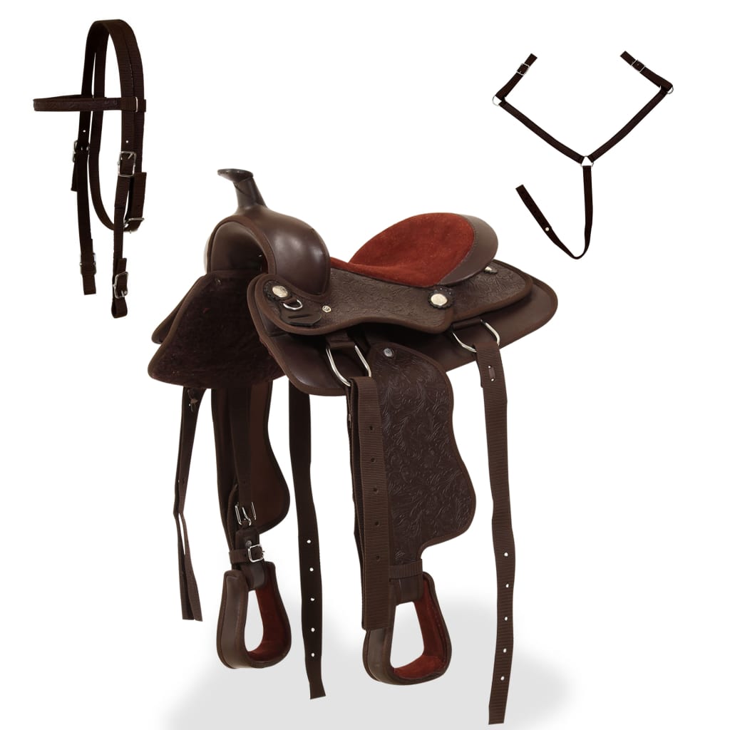 Western Zadel, Hoofdstel En Borstriem 13" Echt Leer Bruin