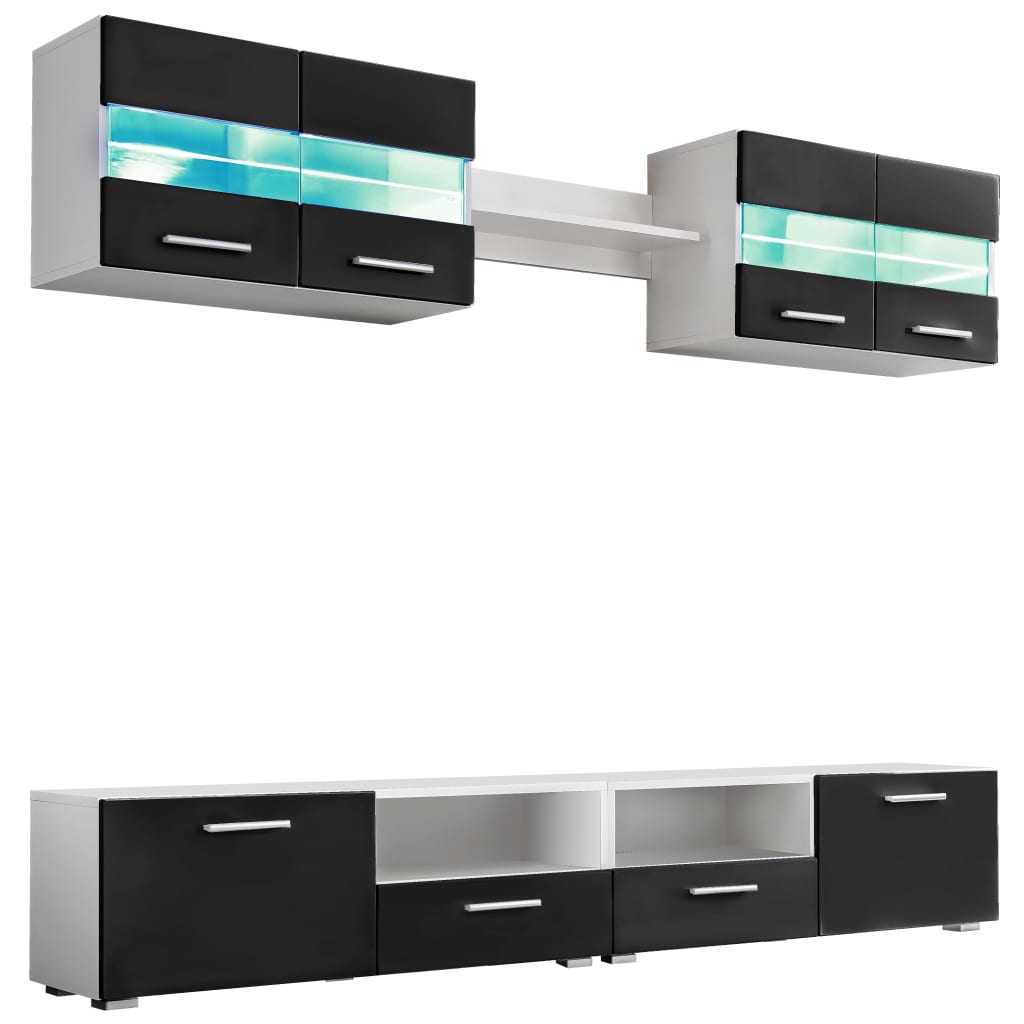 Tv-Wandmeubelset Met Led-Verlichting Hoogglans Zwart 5-Delig