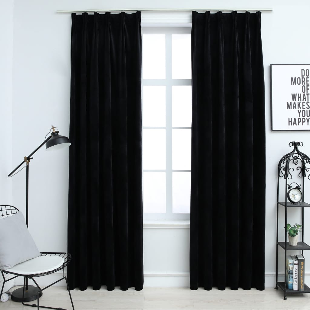 Gordijnen Verduisterend 2 St Met Haken 140X175 Cm Fluweel Zwart