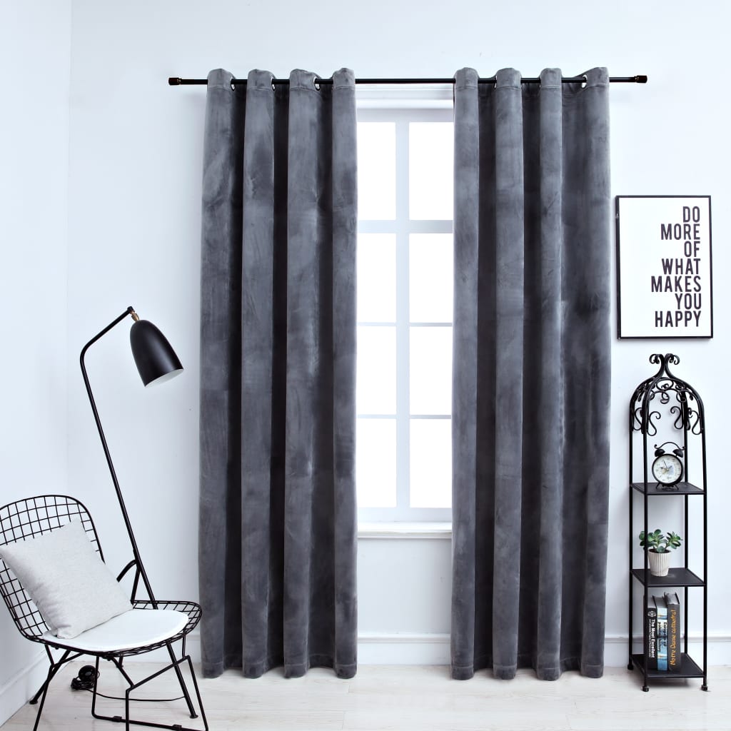 Gordijn Verduisterend Met Ringen 2 St 140X225 Cm Fluweel Grijs