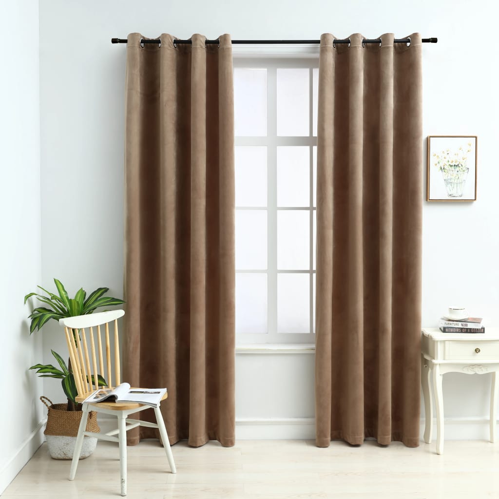 Gordijn Verduisterend Met Ringen 2 St 140X245 Cm Fluweel Beige