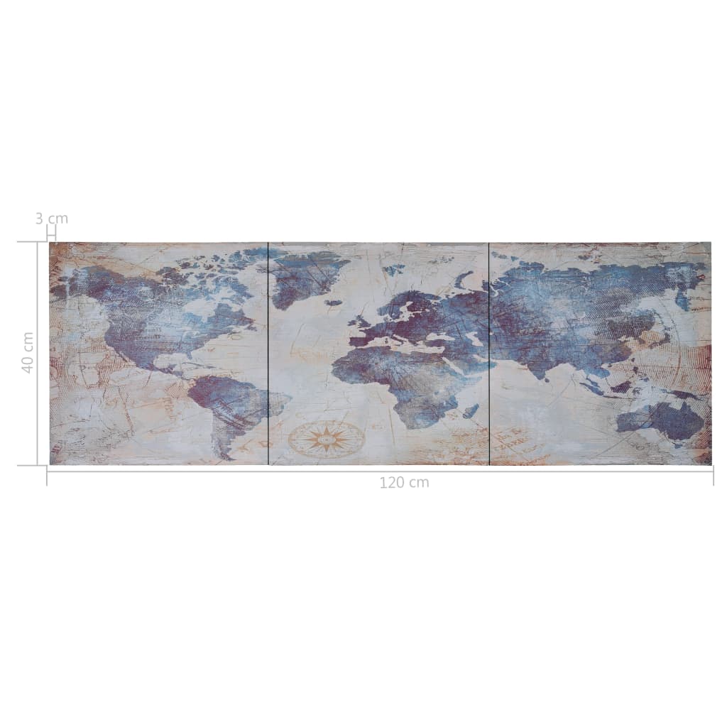 Wandprintset Wereldkaart 120X40 Cm Canvas Blauw