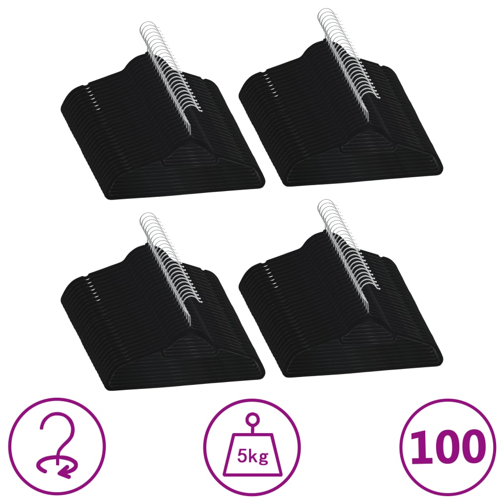 100-Delige Kledinghangerset Anti-Slip Fluweel Zwart