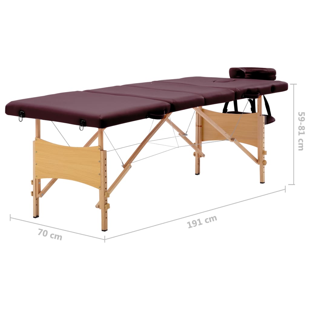 Massagetafel Inklapbaar 4 Zones Hout Wijnpaars