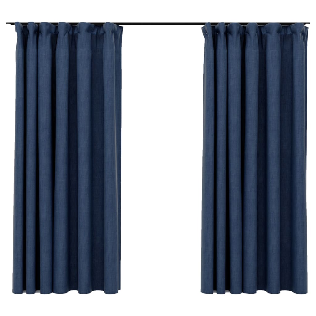 Gordijnen Linnen-Look Verduisterend Haken 2 St 140X175 Cm Blauw