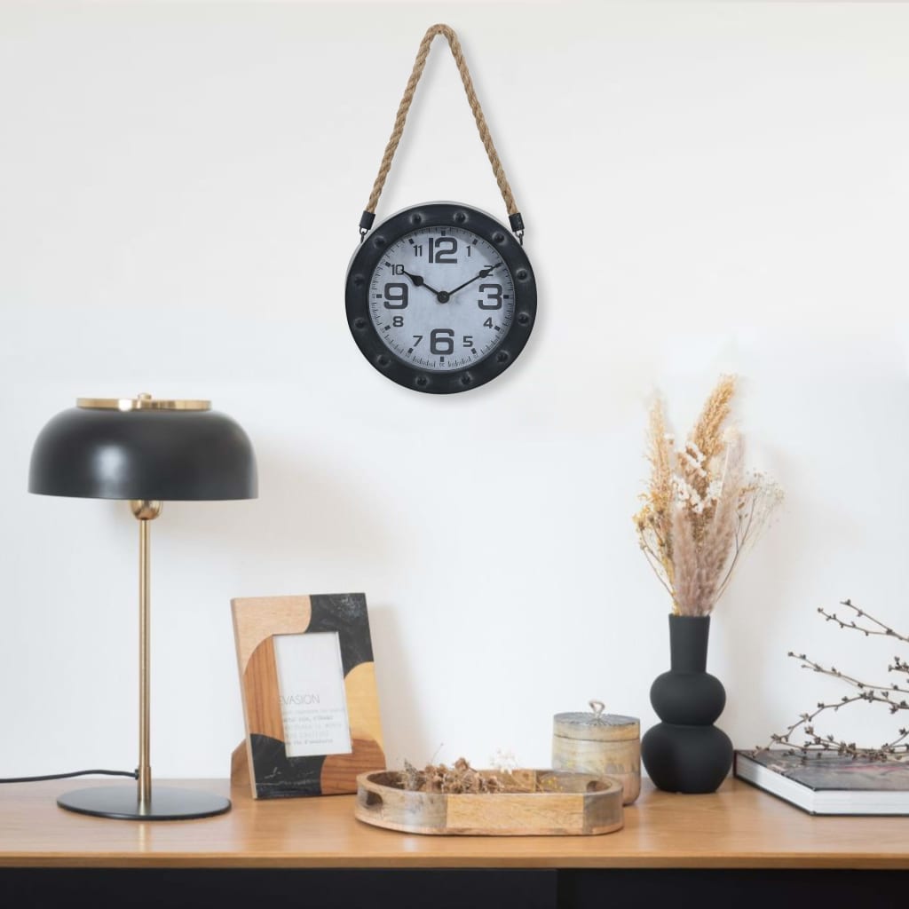Wandklok Met Touw 20 Cm Metaal En Mdf Zwart