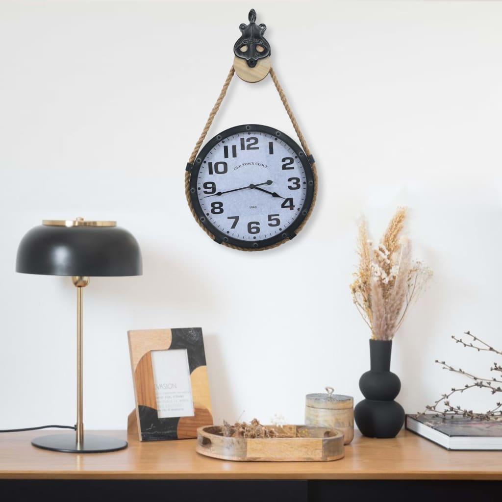 Wandklok Met Touw 40X8X82 Cm Ijzer En Mdf Zwart En Bruin