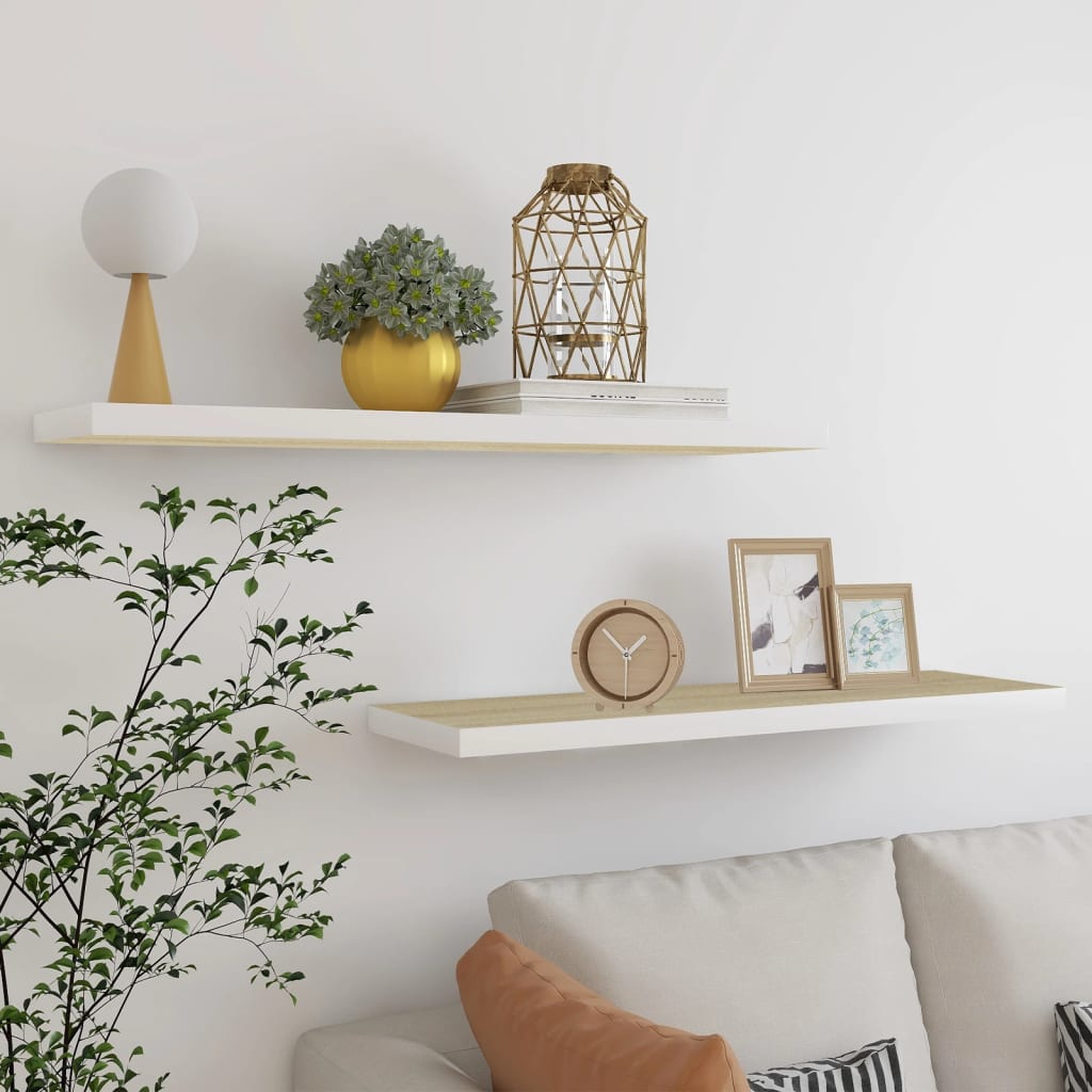 Wandschappen Zwevend 2 St 90X23,5X3,8 Cm Mdf Eikenkleurig Wit