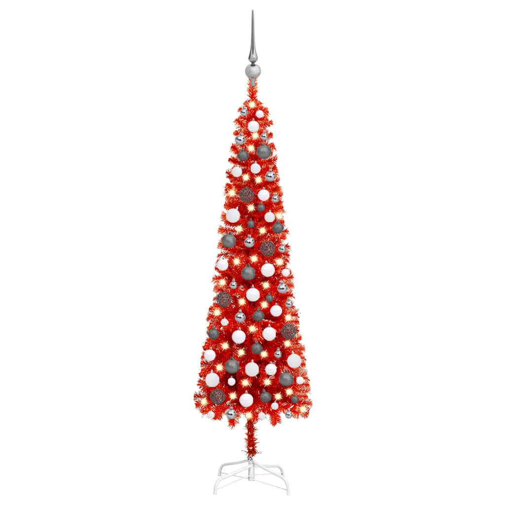 Kerstboom Met Led's En Kerstballen Smal 120 Cm Rood