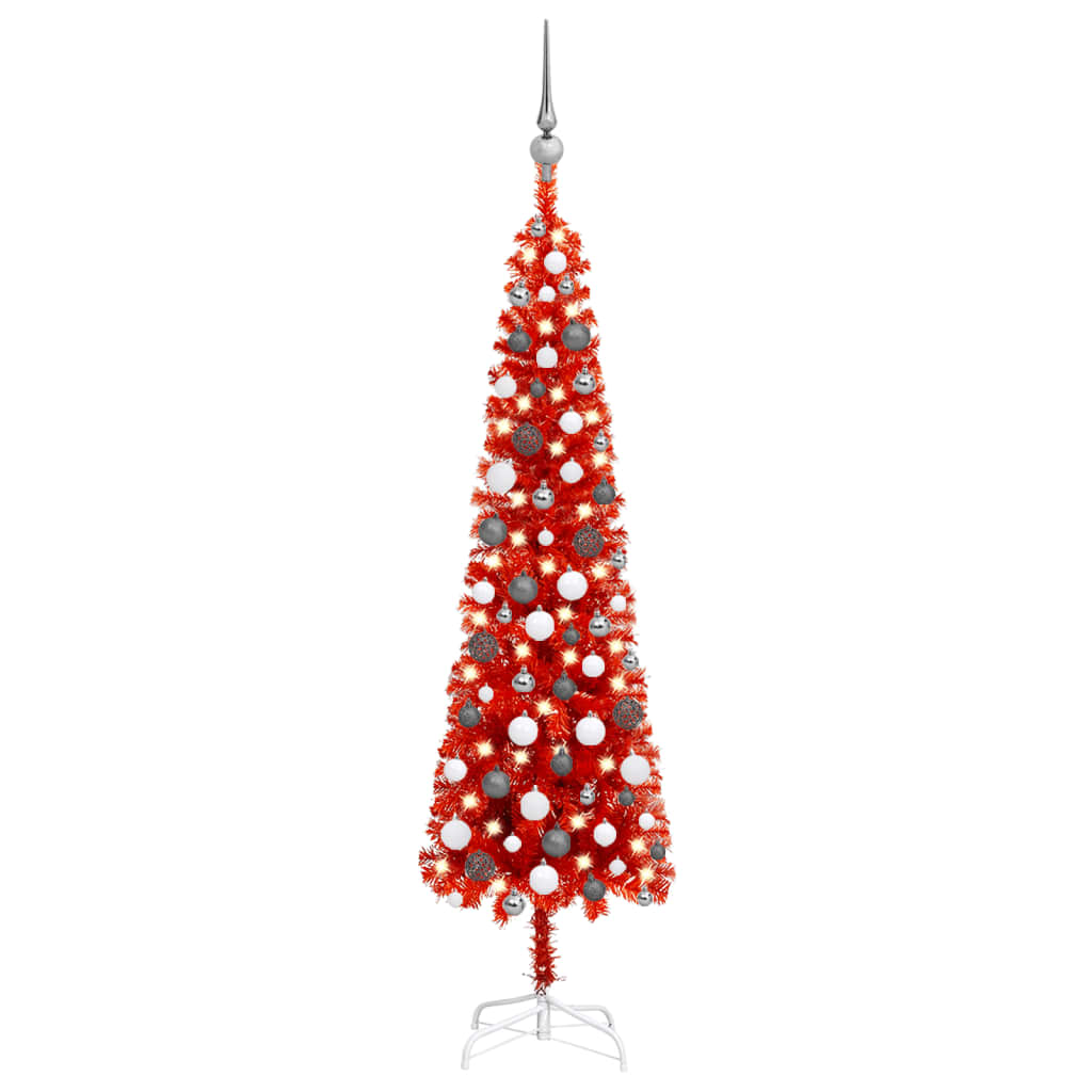 Kerstboom Met Led's En Kerstballen Smal 150 Cm Rood