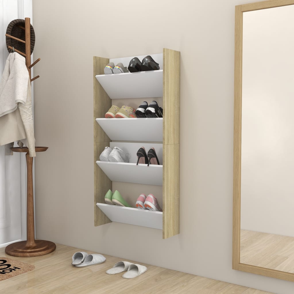 Wandschoenenkasten 2 St 60X18X60 Cm Spaanplaat Wit Sonoma Eiken