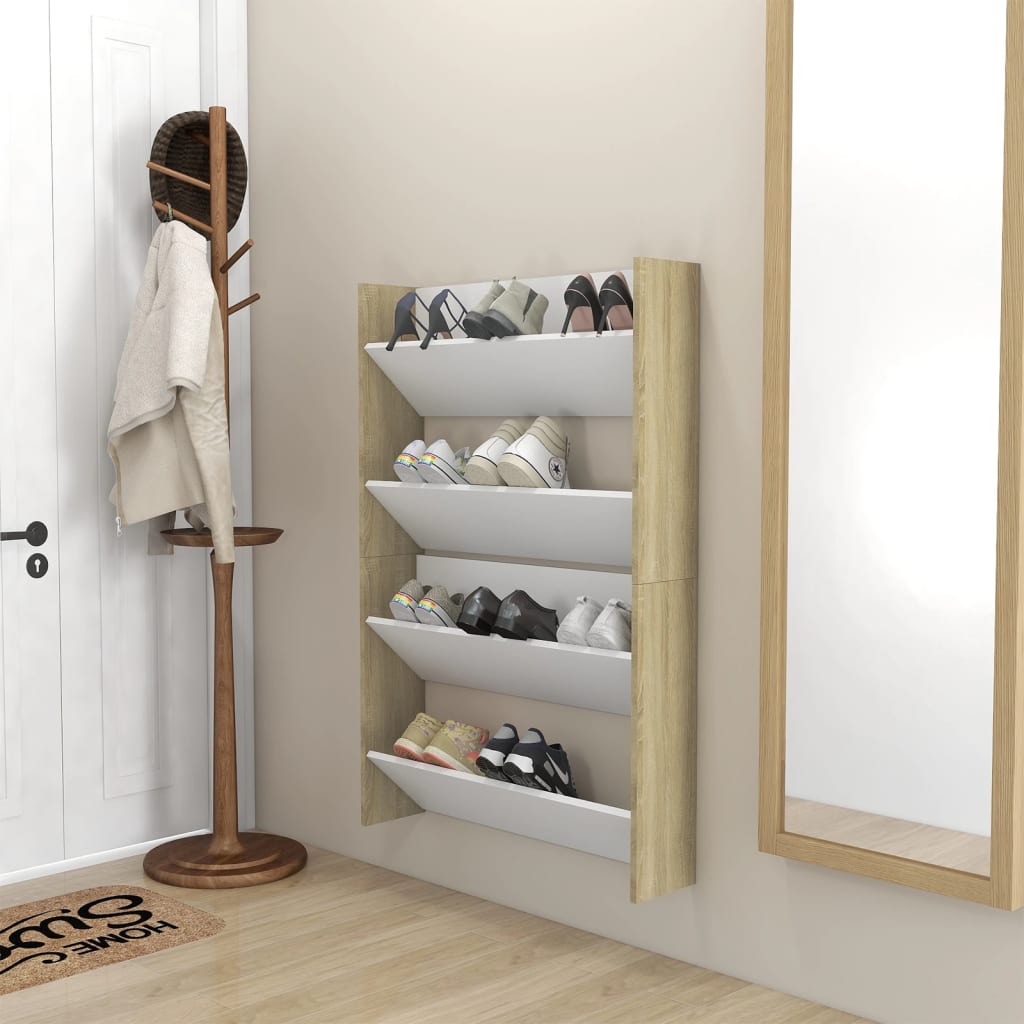 Wandschoenenkasten 2 St 80X18X60 Cm Spaanplaat Wit Sonoma Eiken