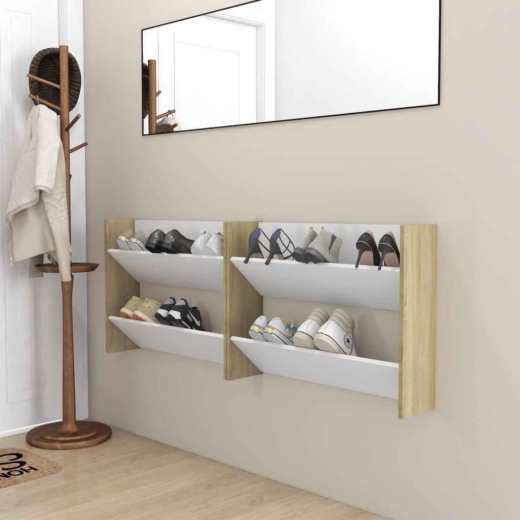 Wandschoenenkasten 2 St 80X18X60 Cm Spaanplaat Wit Sonoma Eiken