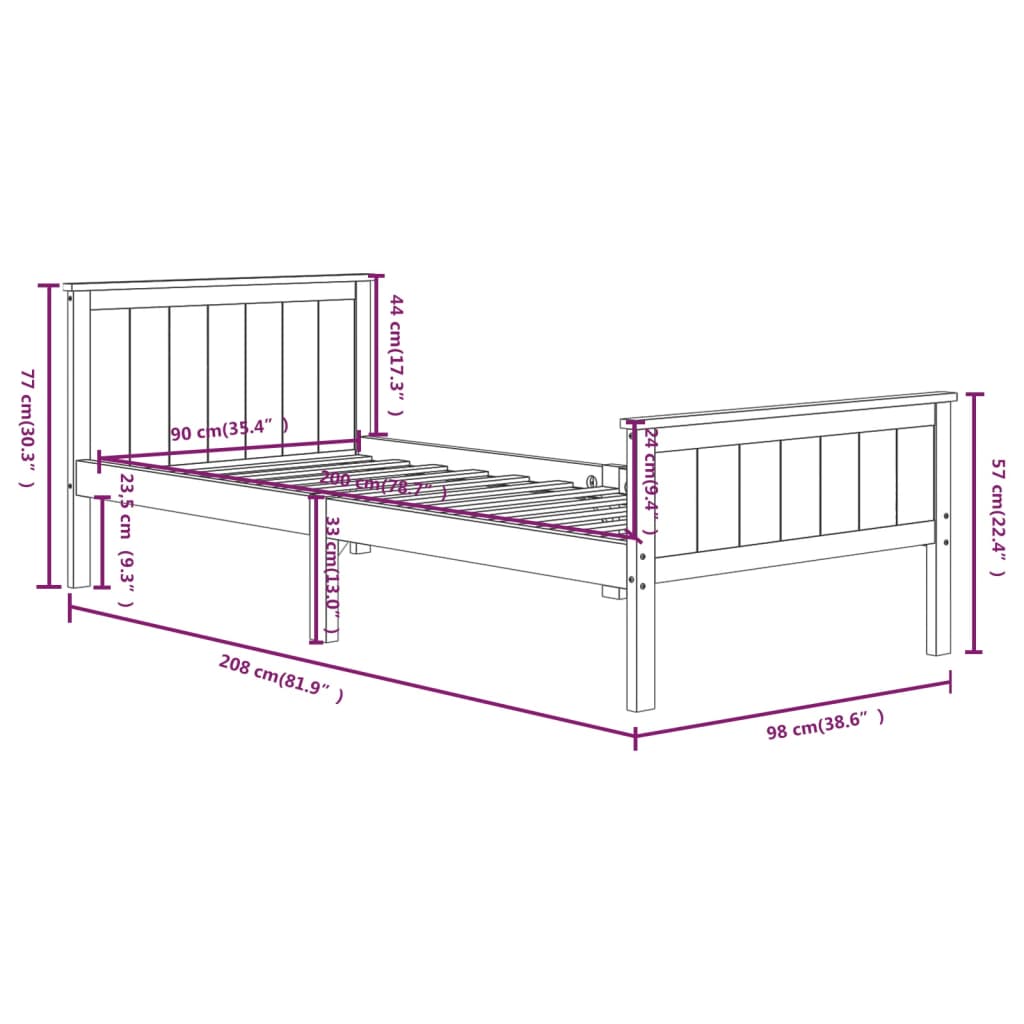 Bedframe Massief Grenenhout Grijs 90X200 Cm