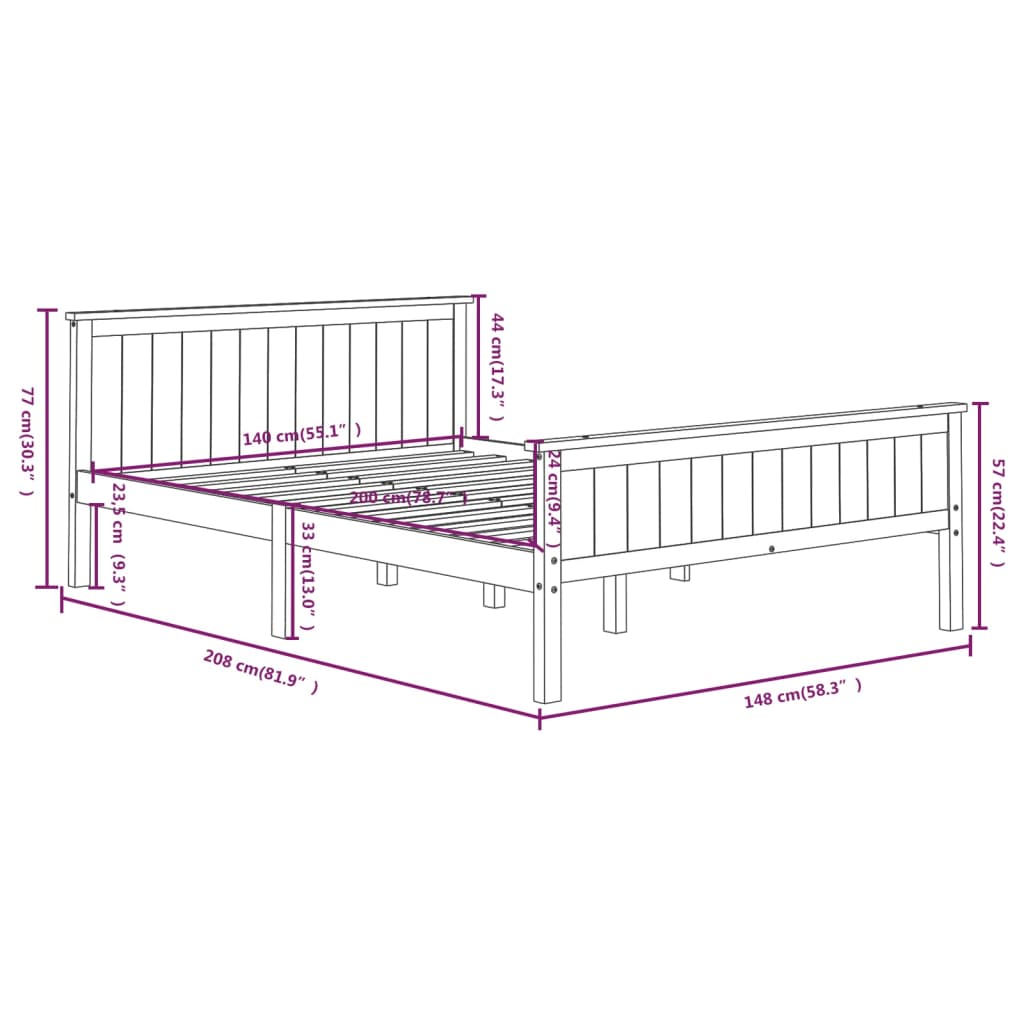 Bedframe Massief Grenenhout Grijs 140X200 Cm