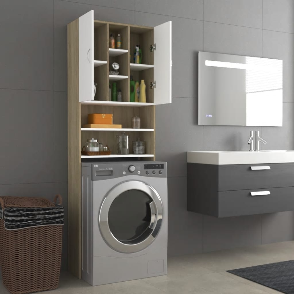 Wasmachinekast 64X25,5X190 Cm Wit En Sonoma Eikenkleurig