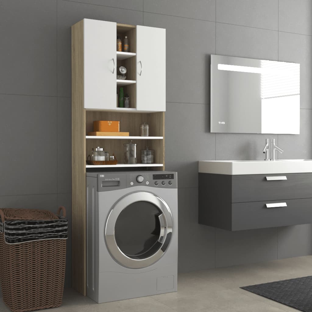 Wasmachinekast 64X25,5X190 Cm Wit En Sonoma Eikenkleurig