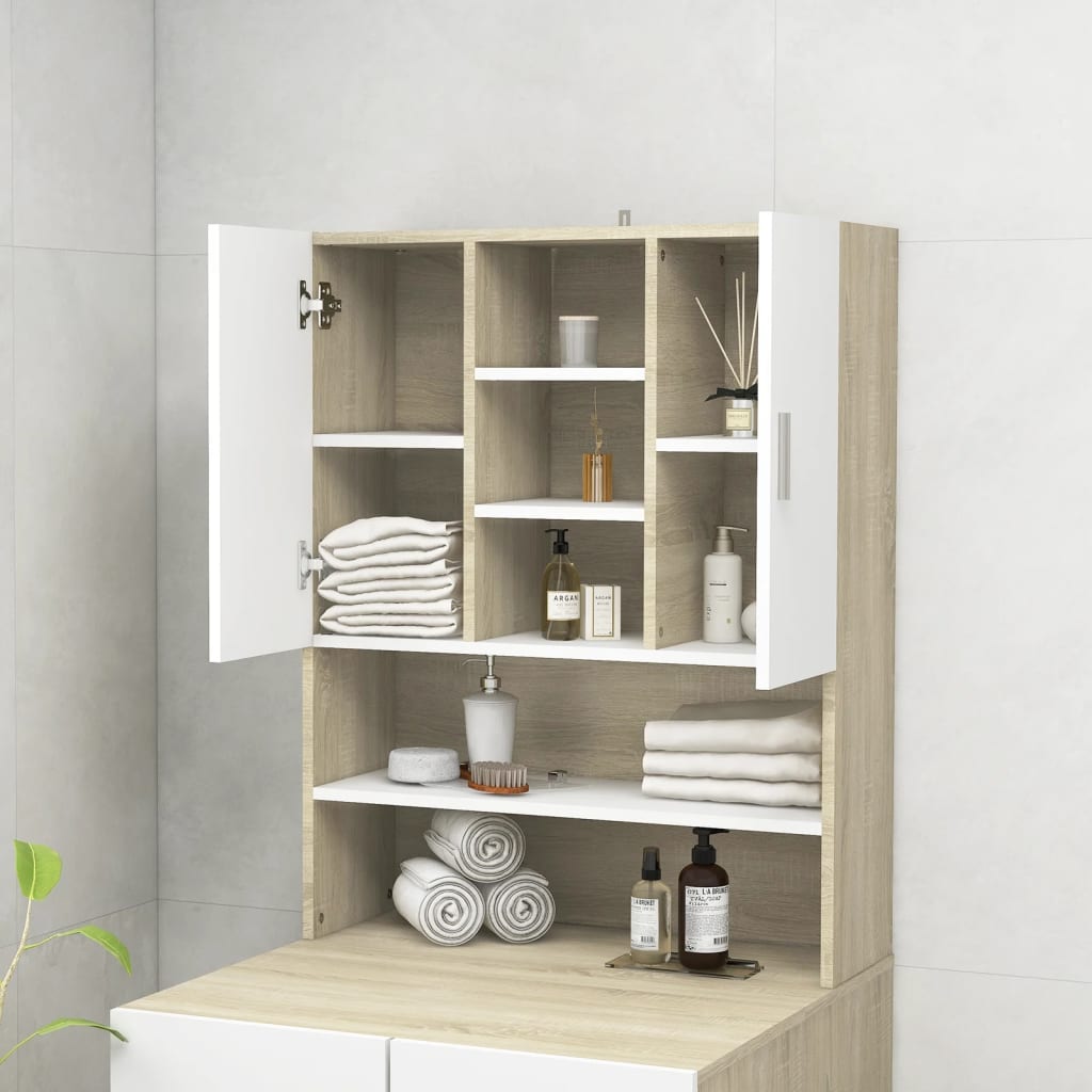 Wasmachinekast 70,5X25,5X90 Cm Wit En Sonoma Eikenkleurig