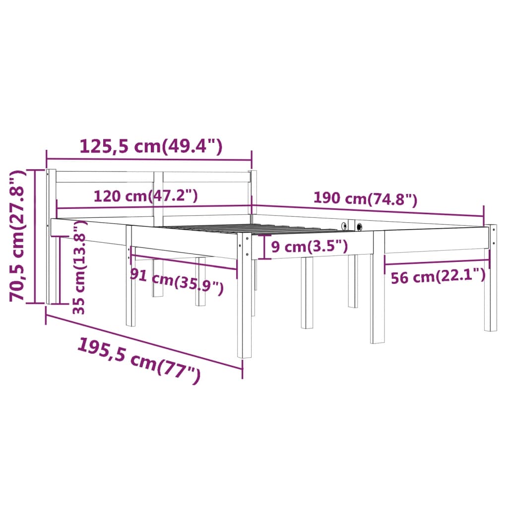 Bedframe Massief Hout Wit 120X190 Cm 4Ft Small Double