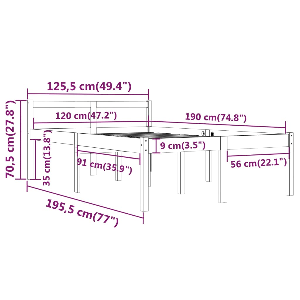 Bedframe Massief Hout Grijs 120X190 Cm 4Ft Small Double