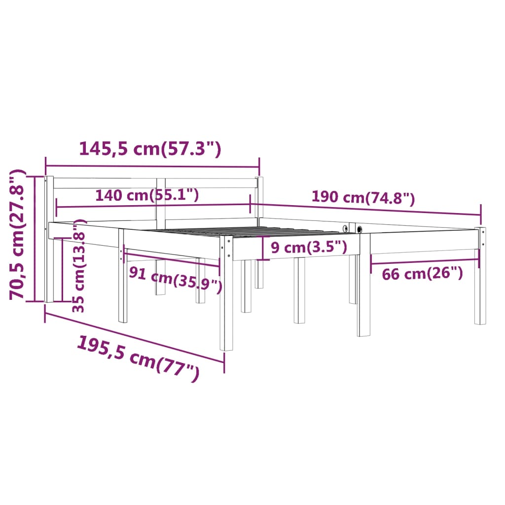 Bedframe Massief Grenenhout Wit 140X190 Cm