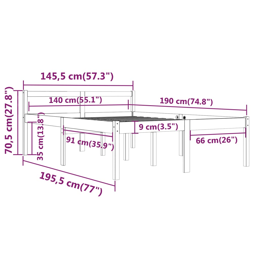Bedframe Massief Grenenhout Zwart 140X190 Cm