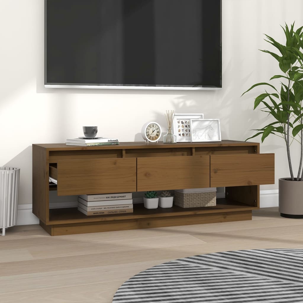 Tv-Meubel 110,5X34X40 Cm Massief Grenenhout Honingbruin