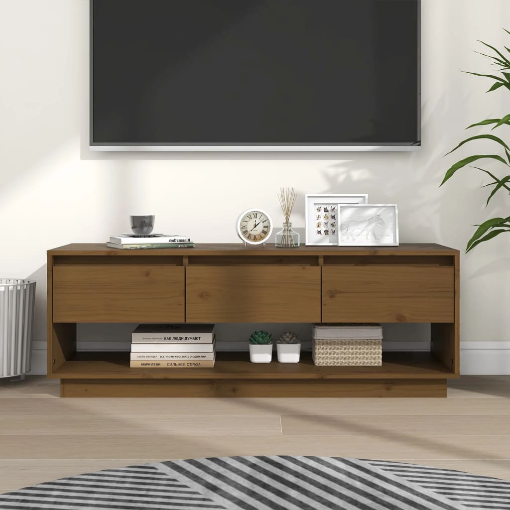 Tv-Meubel 110,5X34X40 Cm Massief Grenenhout Honingbruin
