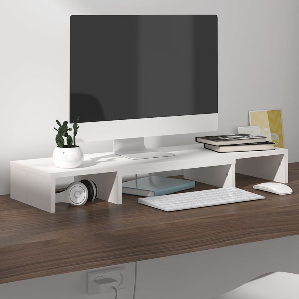 Monitorstandaard 80X24X10,5 Cm Massief Grenenhout Wit