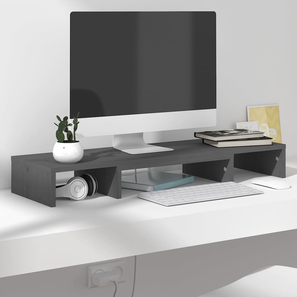 Monitorstandaard 80X24X10,5 Cm Massief Grenenhout Grijs