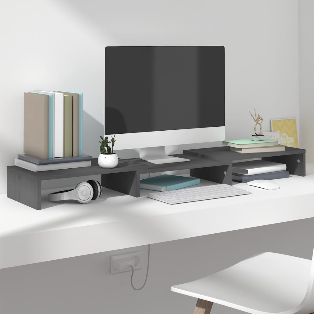 Monitorstandaard 80X24X10,5 Cm Massief Grenenhout Grijs