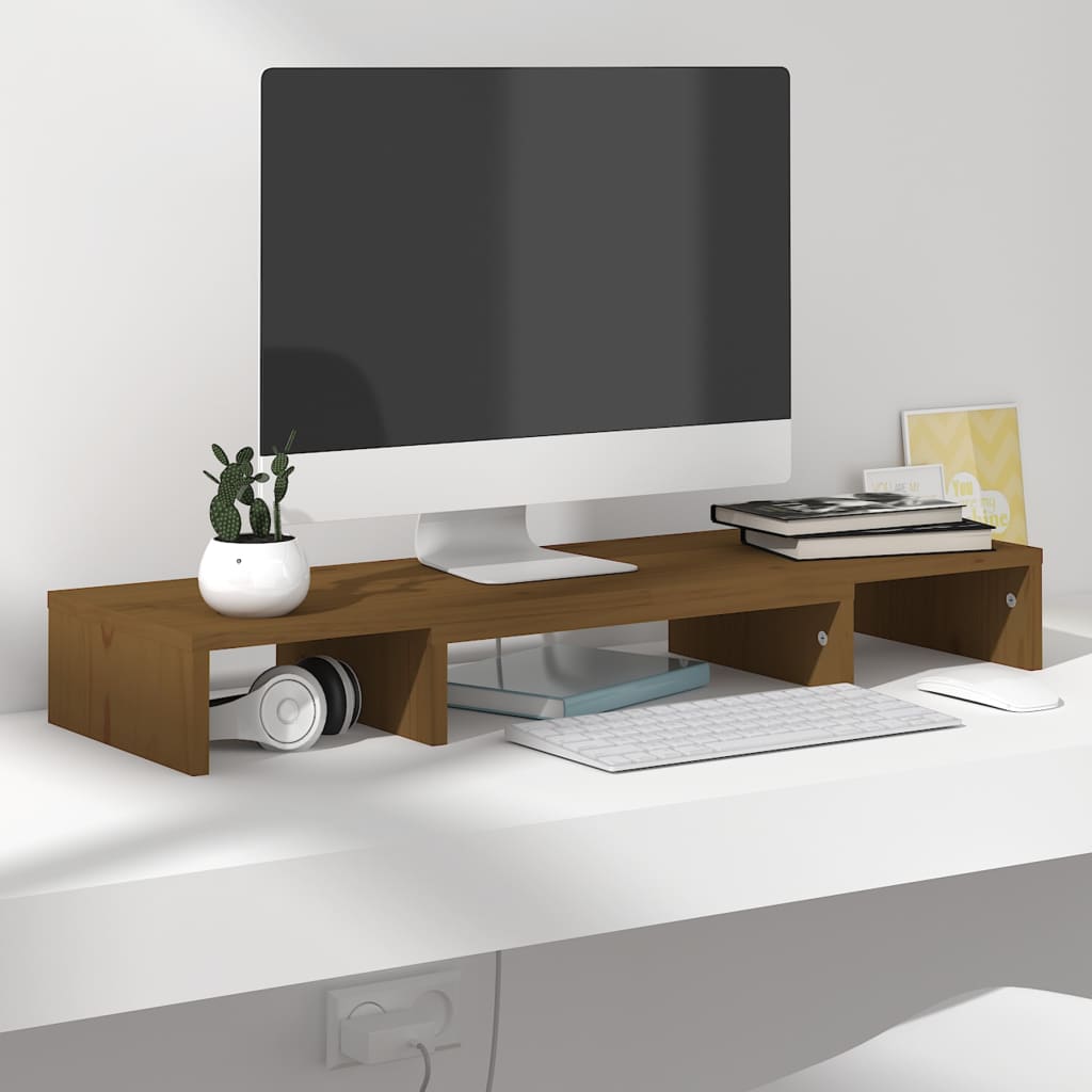 Monitorstandaard 80X24X10,5 Cm Massief Grenenhout Honingbruin