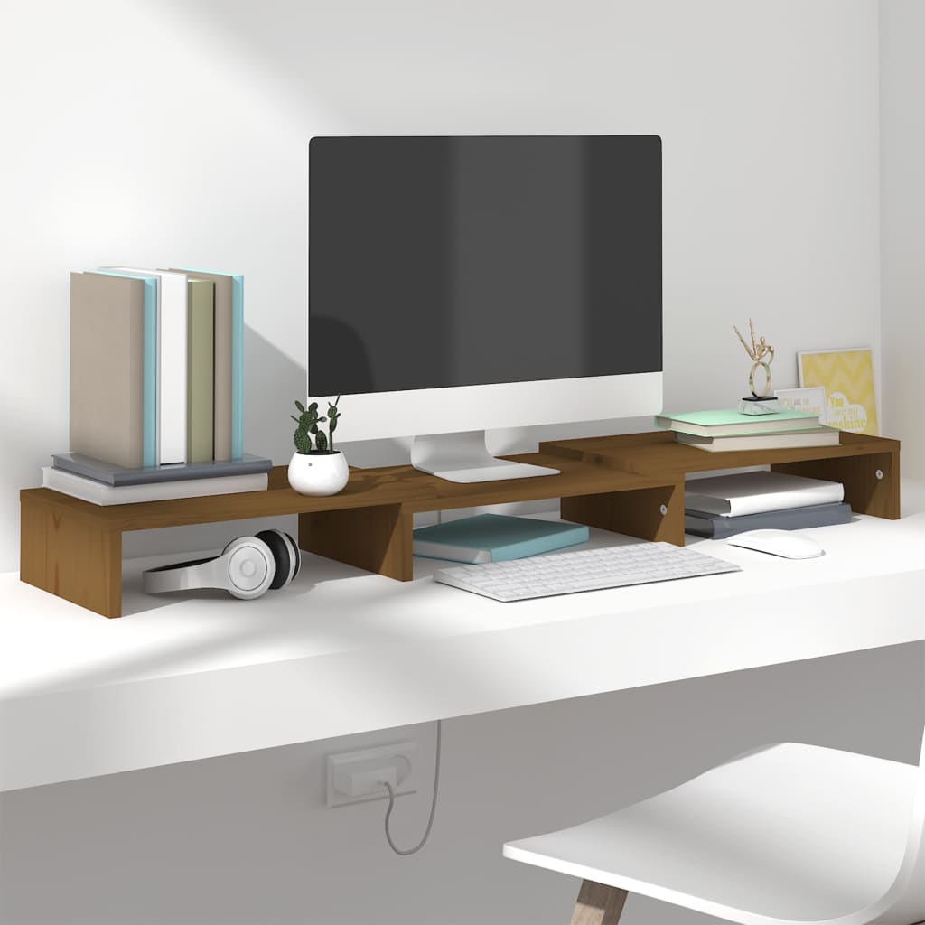 Monitorstandaard 80X24X10,5 Cm Massief Grenenhout Honingbruin