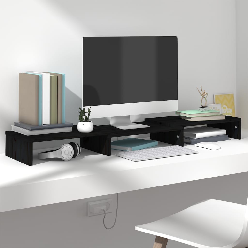 Monitorstandaard 80X24X10,5 Cm Massief Grenenhout Zwart