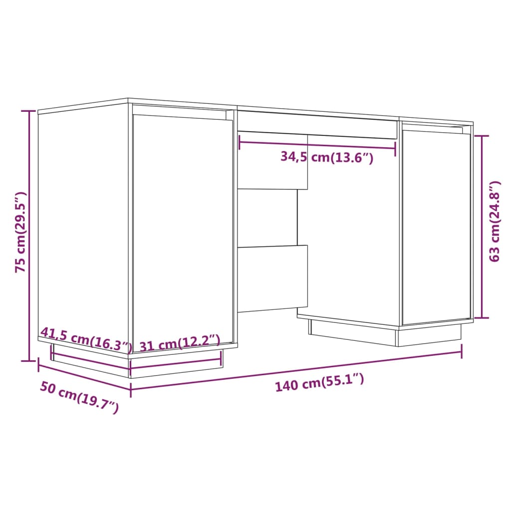 Bureau 140X50X75 Cm Massief Grenenhout