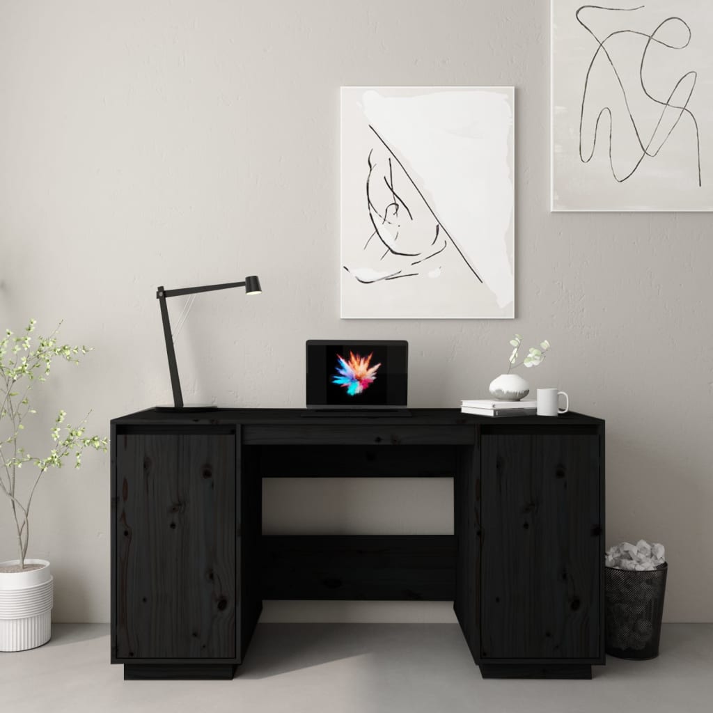 Bureau 140X50X75 Cm Massief Grenenhout Zwart