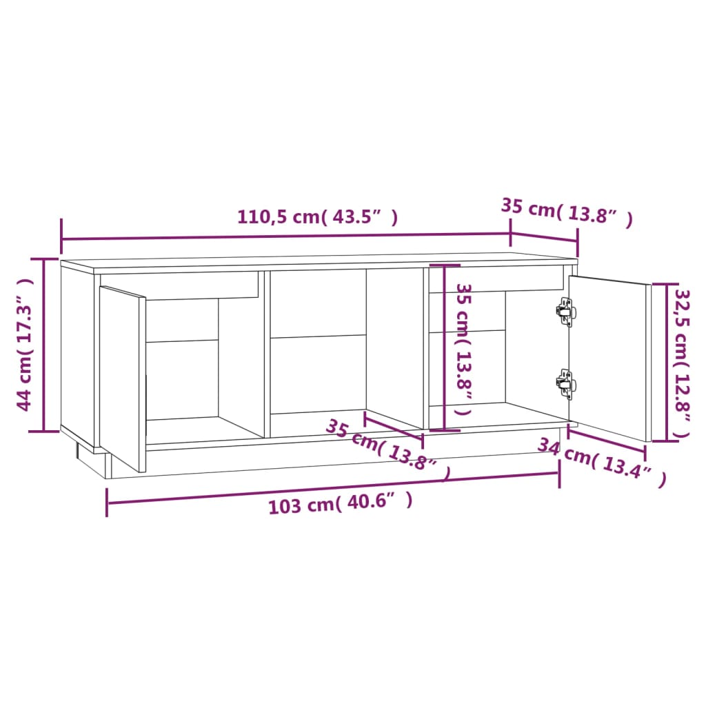 Tv-Meubel 110,5X35X44 Cm Massief Grenenhout Wit