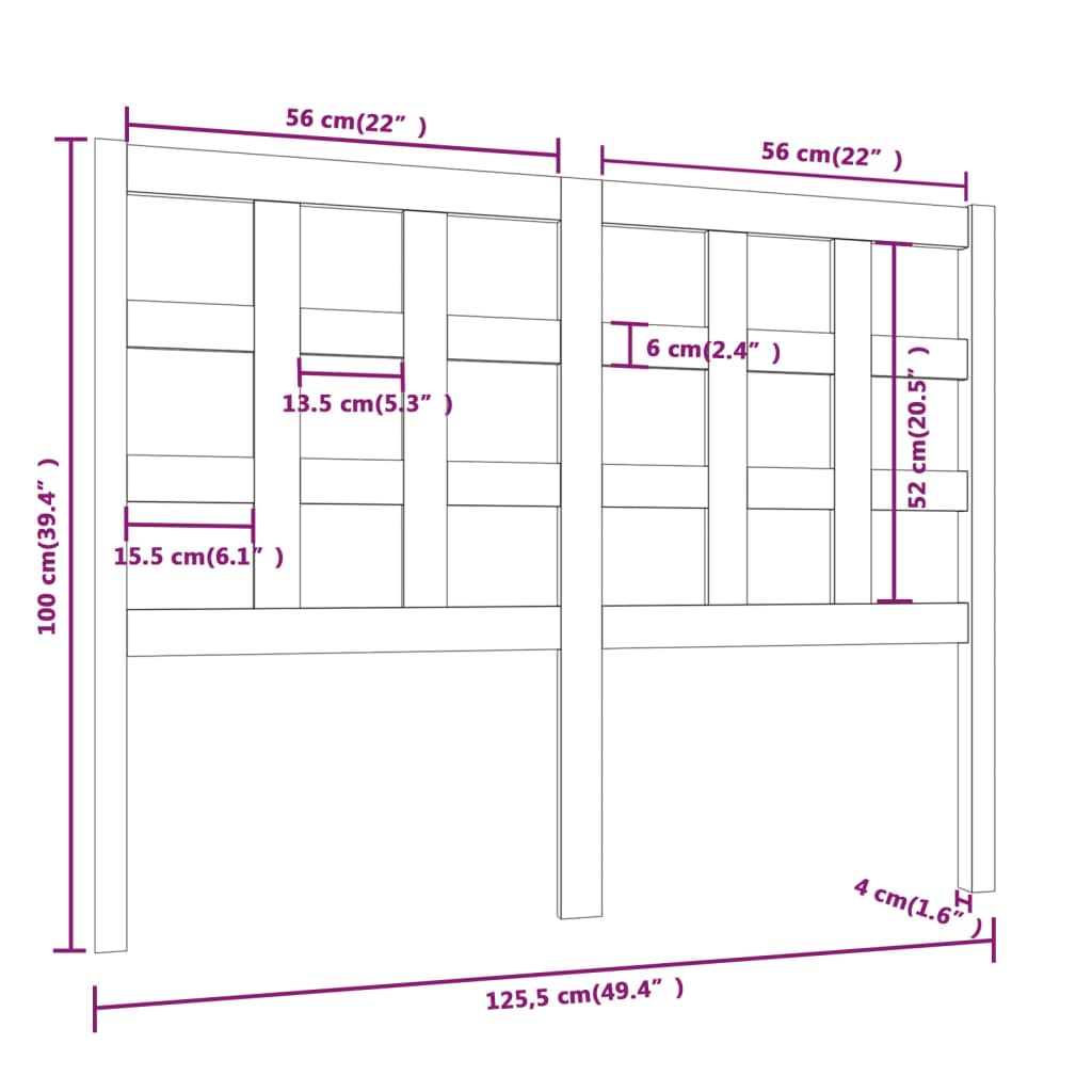 Hoofdbord 125,5X4X100 Cm Massief Grenenhout Grijs