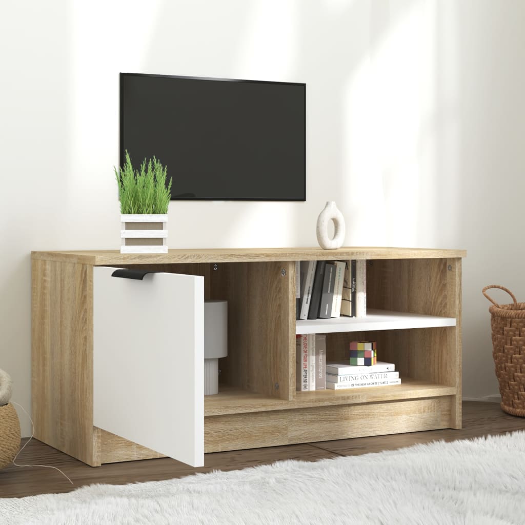 Tv-Meubel 80X35X36,5 Cm Bewerkt Hout Wit En Sonoma Eikenkleurig