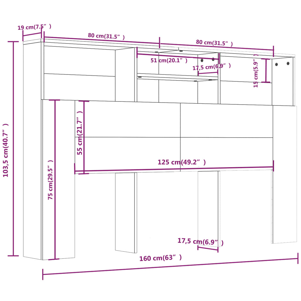 Hoofdbordkast 160X19X103,5 Cm Grijs Sonoma Eikenkleurig