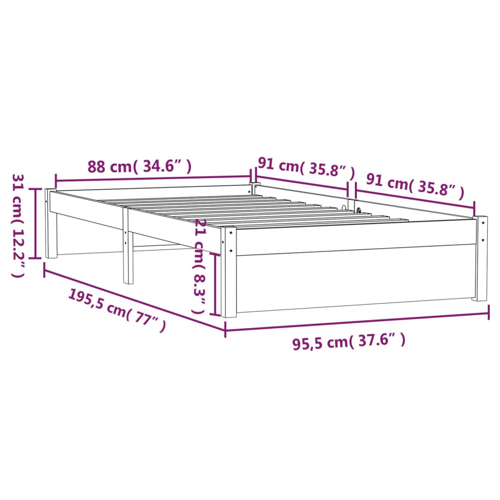 Bedframe Massief Hout Grijs 90X190 Cm 3Ft Single