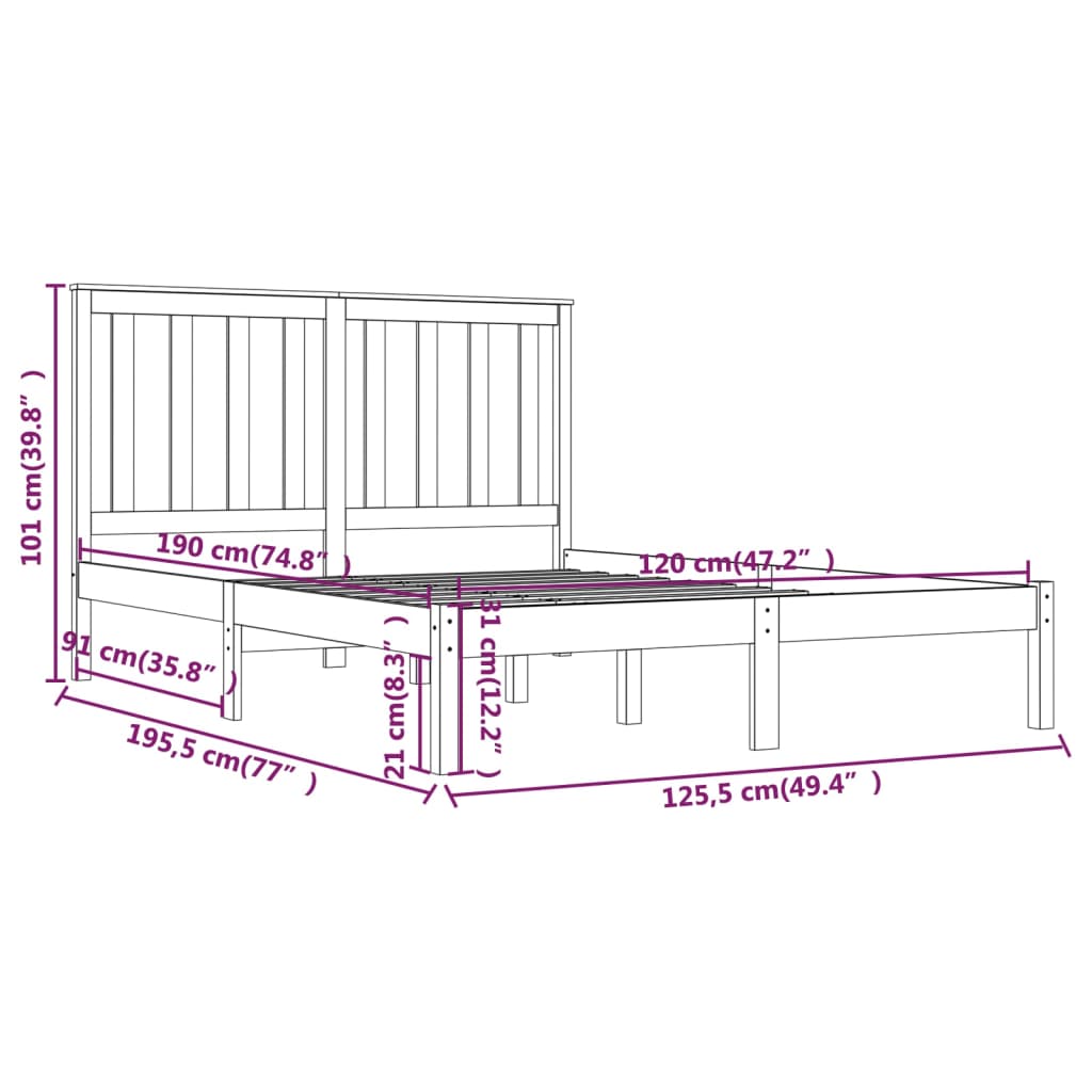 Bedframe Massief Grenenhout Wit 120X190 Cm 4Ft Small Double