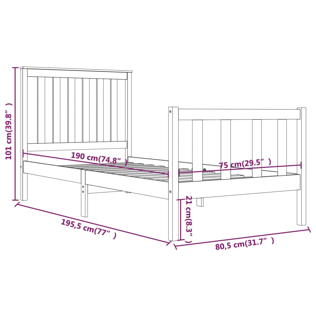Bedframe Massief Grenenhout Grijs 75X190 Cm 2Ft6 Small Single