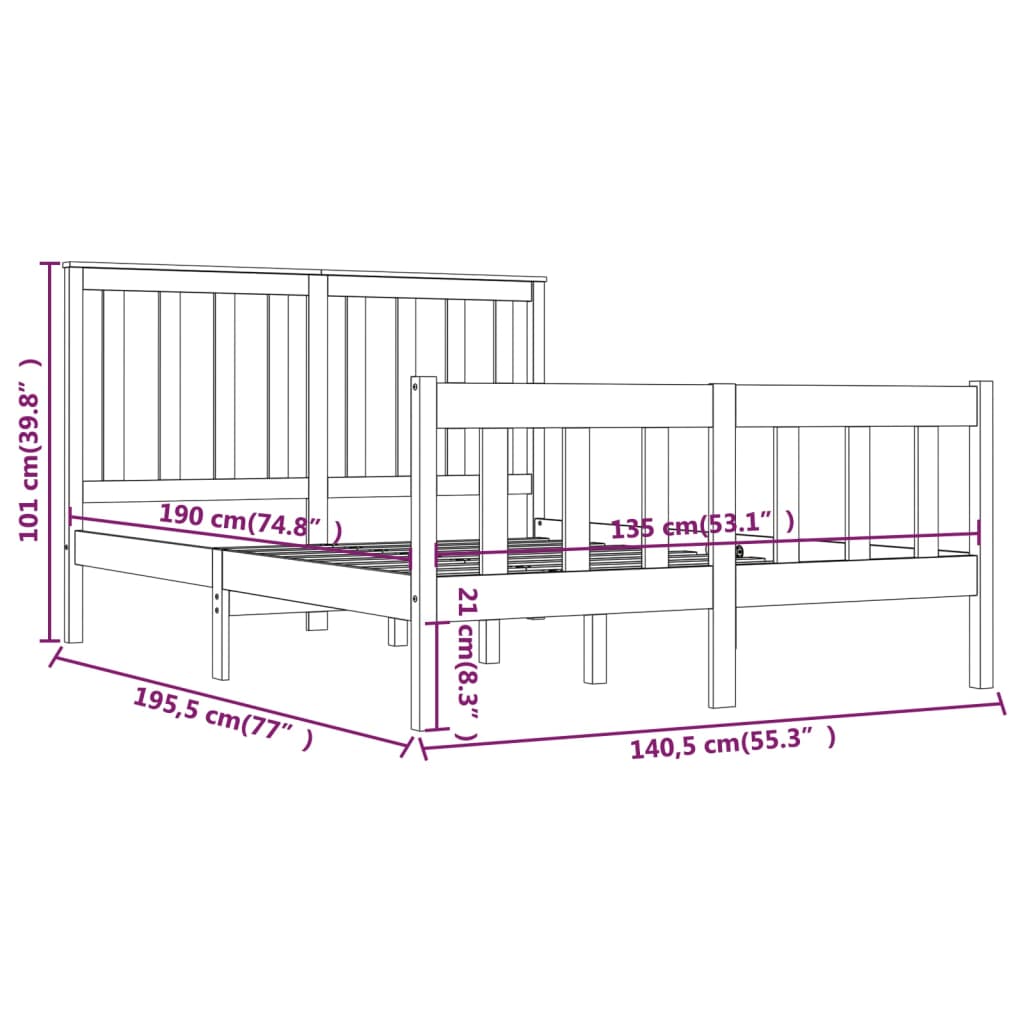 Bedframe Massief Grenenhout Grijs 135X190 Cm 4Ft6 Double