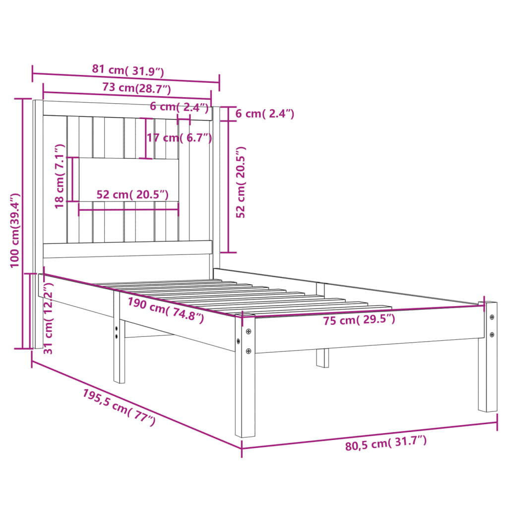 Bedframe Massief Hout Grijs 75X190 Cm 2Ft6 Small Single