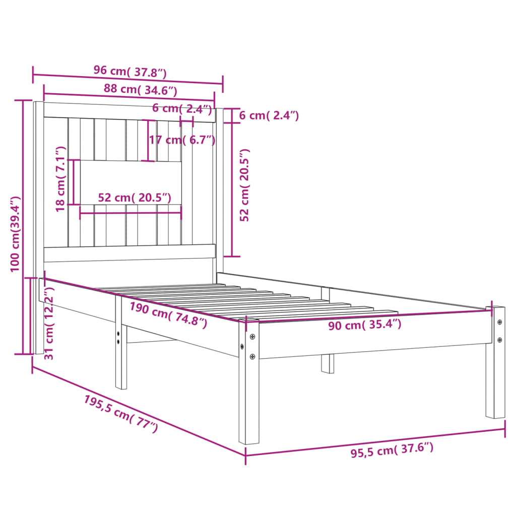 Bedframe Massief Hout Honingbruin 90X190 Cm 3Ft Single