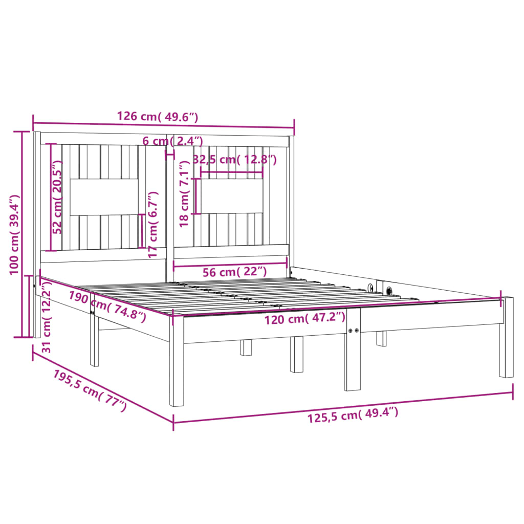 Bedframe Massief Hout Grijs 120X190 Cm 4Ft Small Double