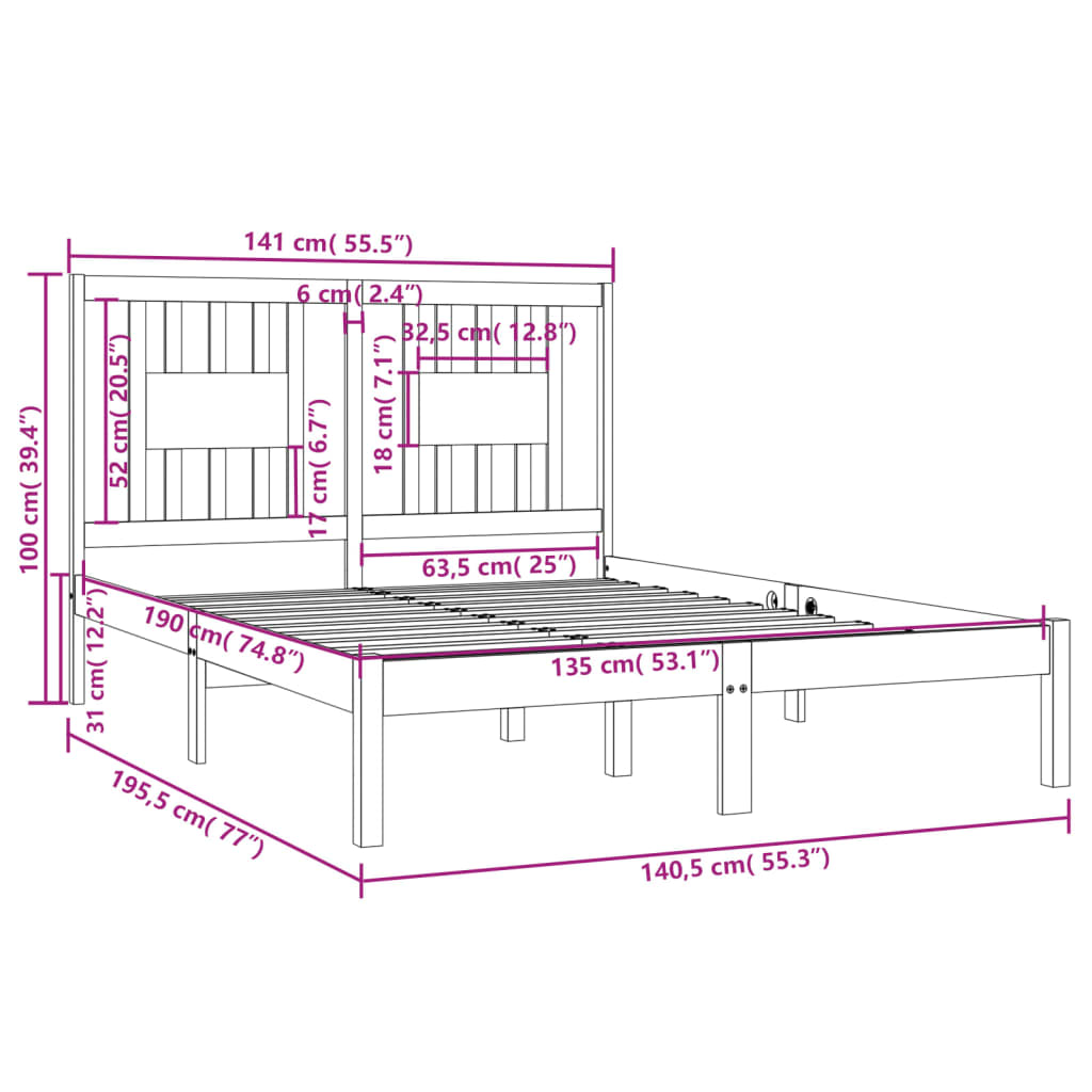 Bedframe Massief Hout Honingbruin 135X190 Cm 4Ft6 Double