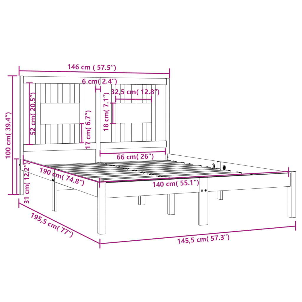 Bedframe Massief Grenenhout Zwart 140X190 Cm